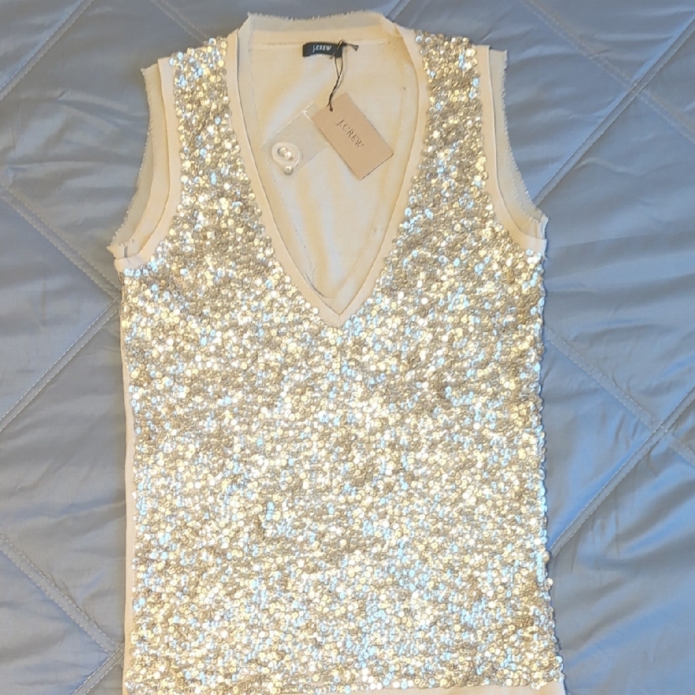 J. Crew Tan/Cream Chiffon Trim Sequin Shell
